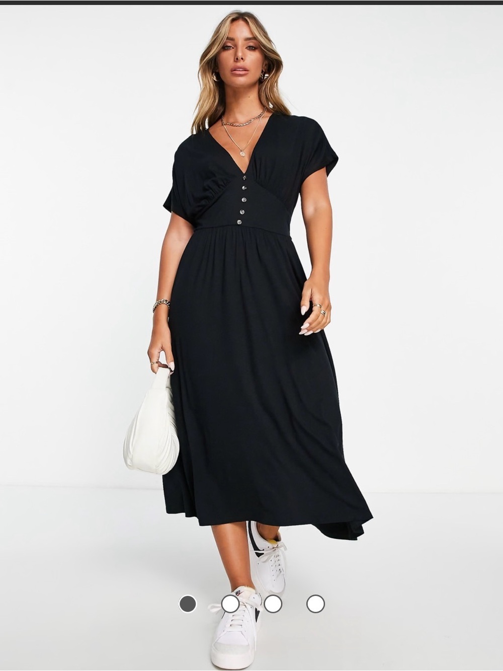 ASOS DESIGN waisted midi tea dress with buttons in black effortless
